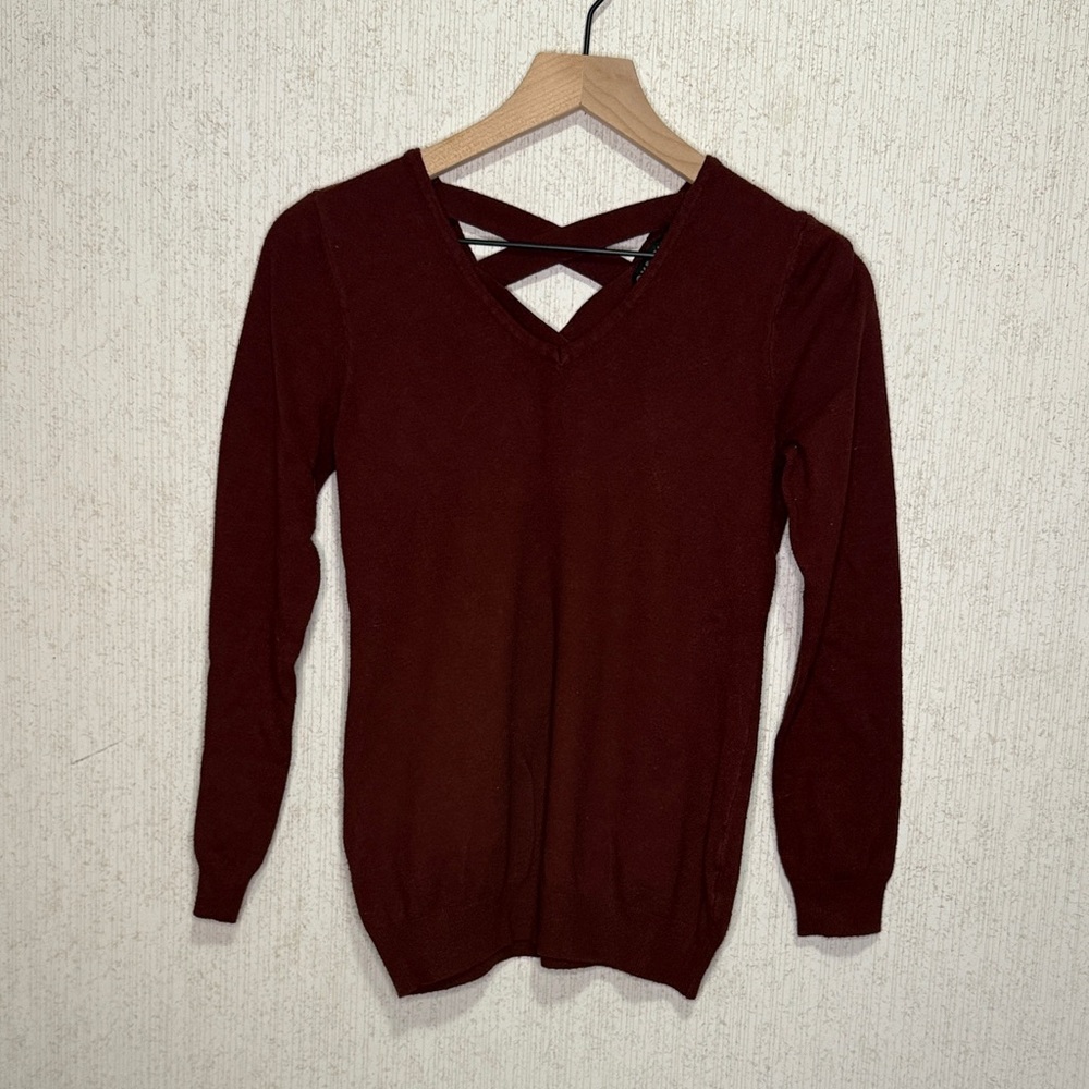Elegant V-Neck Burgundy Sweater with Cross Back